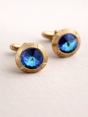 Anson Signed Blue Rivoli Crystal Gold Tone Cufflinks Vintage